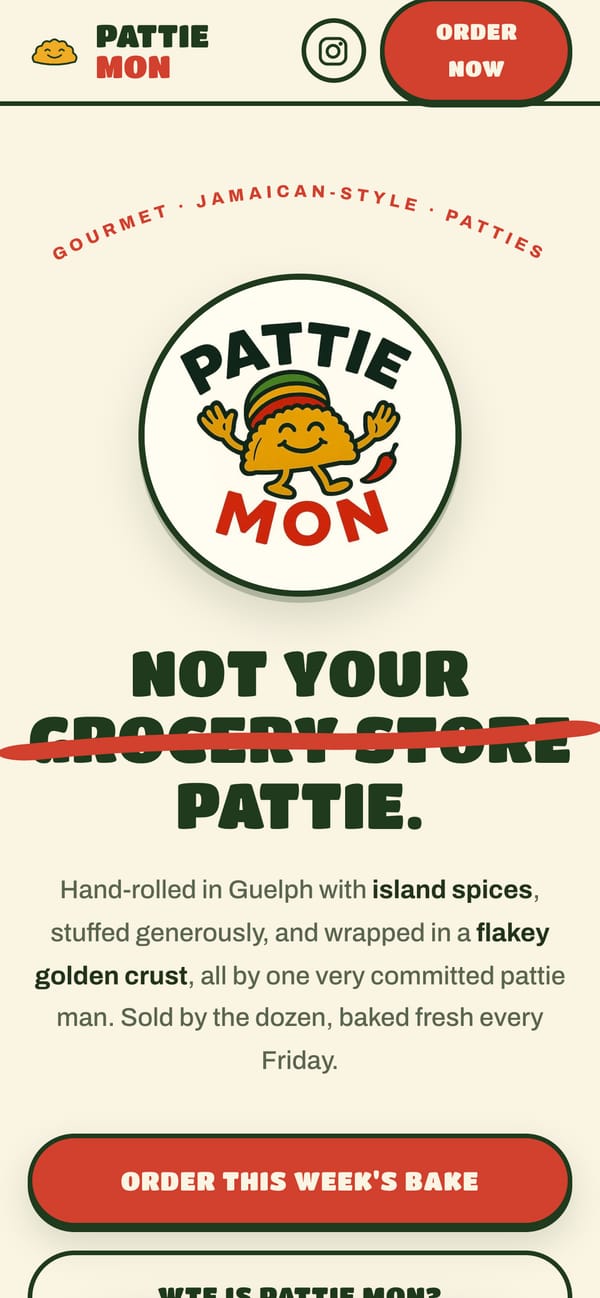 Pattie Mon website on a phone, built by Kohmera